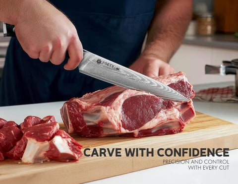 ASETY Damascus carving knife with G10 handle delivers steady grip during turkey carving.