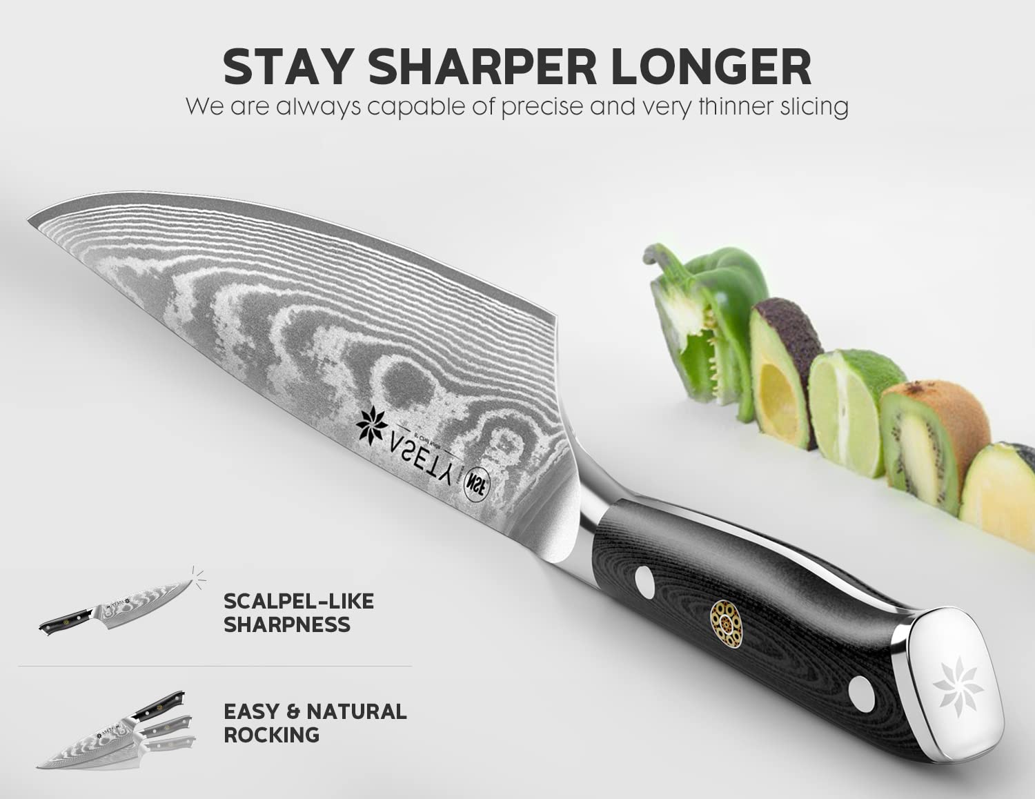 ASETY 67-layer Damascus blade provides durable edge and responsive slicing