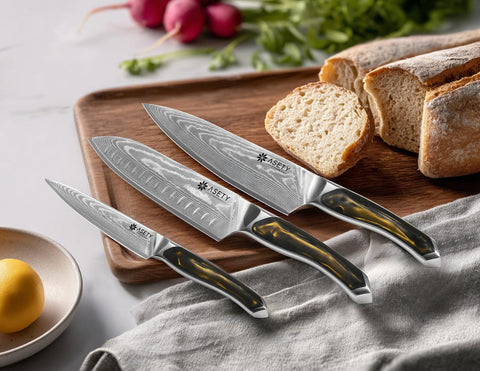 ASETY Damascus 8-inch chef knife, sharp and versatile for everyday cooking.