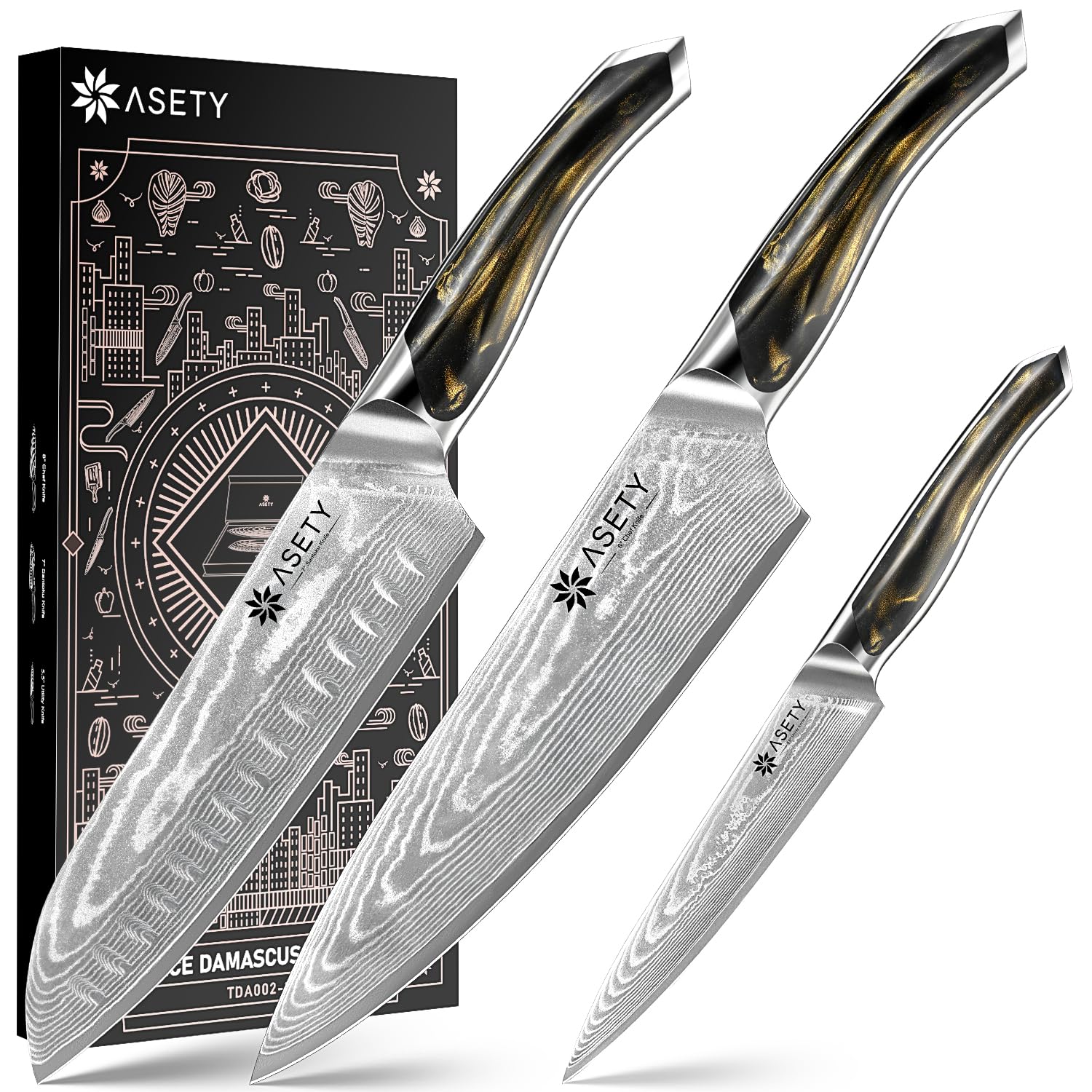 ASETY Damascus Knife Set 3 PCS in gift box, premium presentation for gifting.
