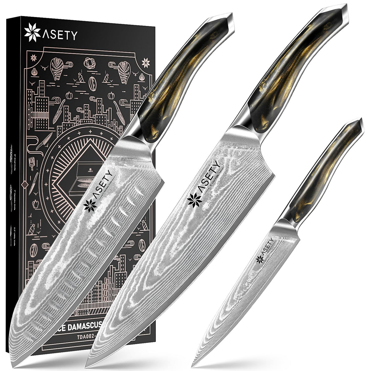 ASETY Damascus Knife Set 3 PCS in gift box, premium presentation for gifting.