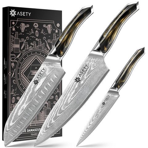 ASETY Damascus Knife Set 3 PCS in gift box, premium presentation for gifting.
