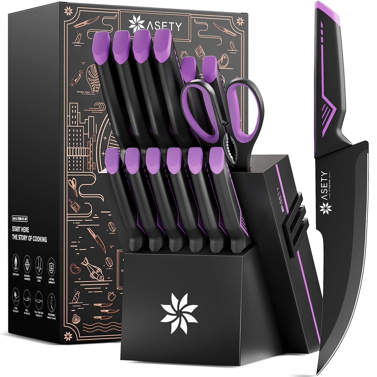 ASETY 15-piece knife set in block for organized, ready-to-use kitchen prep.