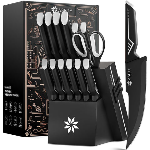 ASETY 8-inch chef knife with black blade and white handle for precise dicing.