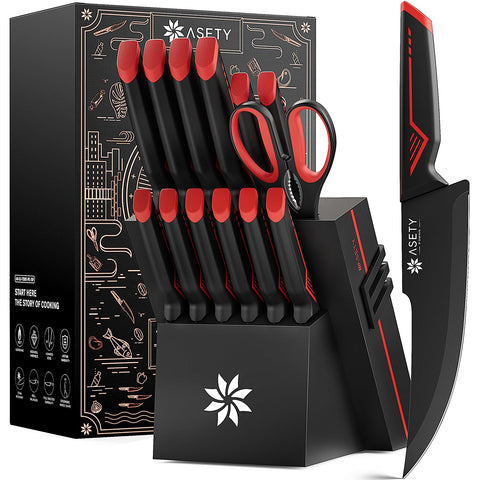 ASETY knife set with built-in sharpener block, front view on countertop for easy access.