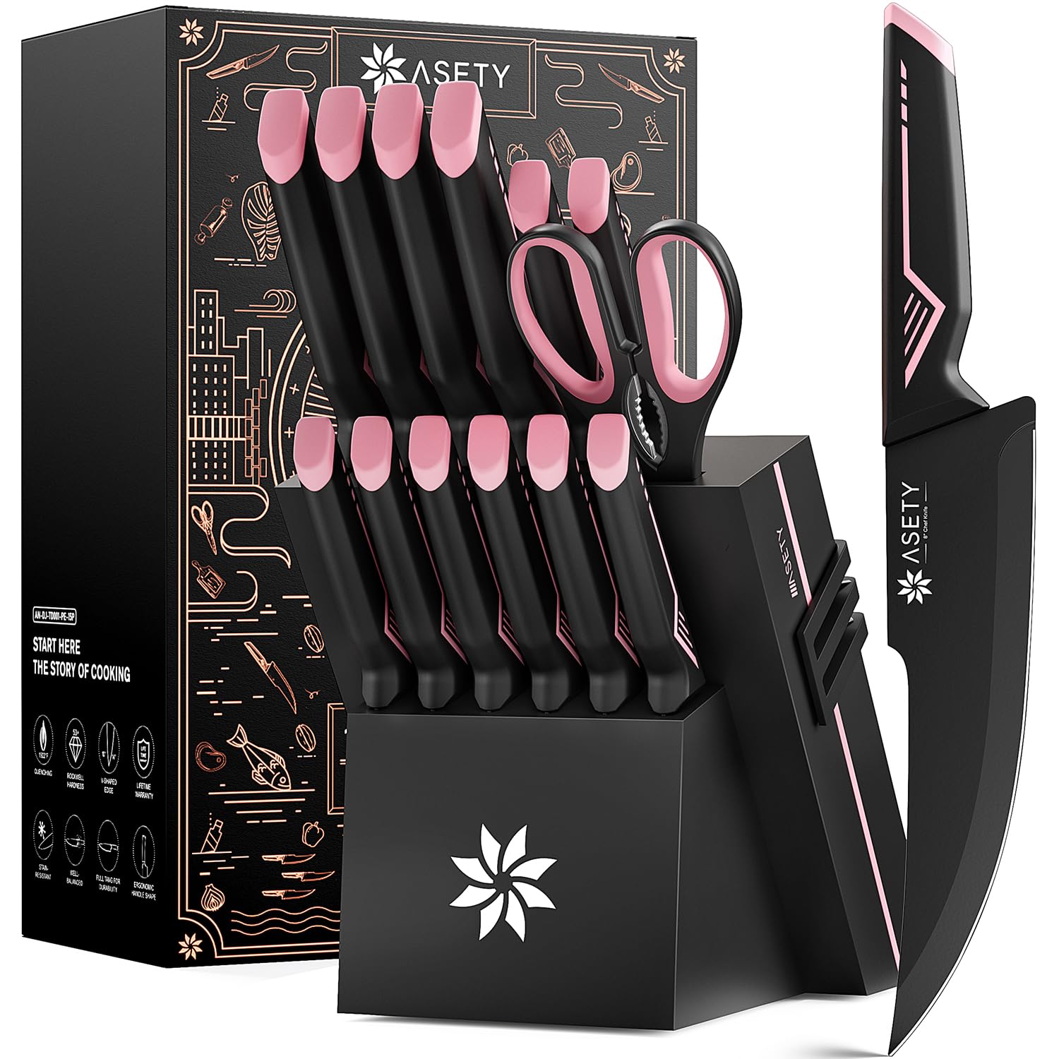 ASETY knife set with pink handles in a stylish block, blending color and function.