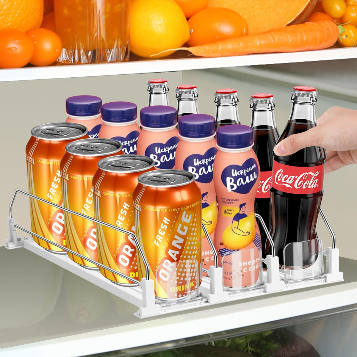 Asika 3-row fridge drink organizer keeps beverages neatly arranged and easy to reach.