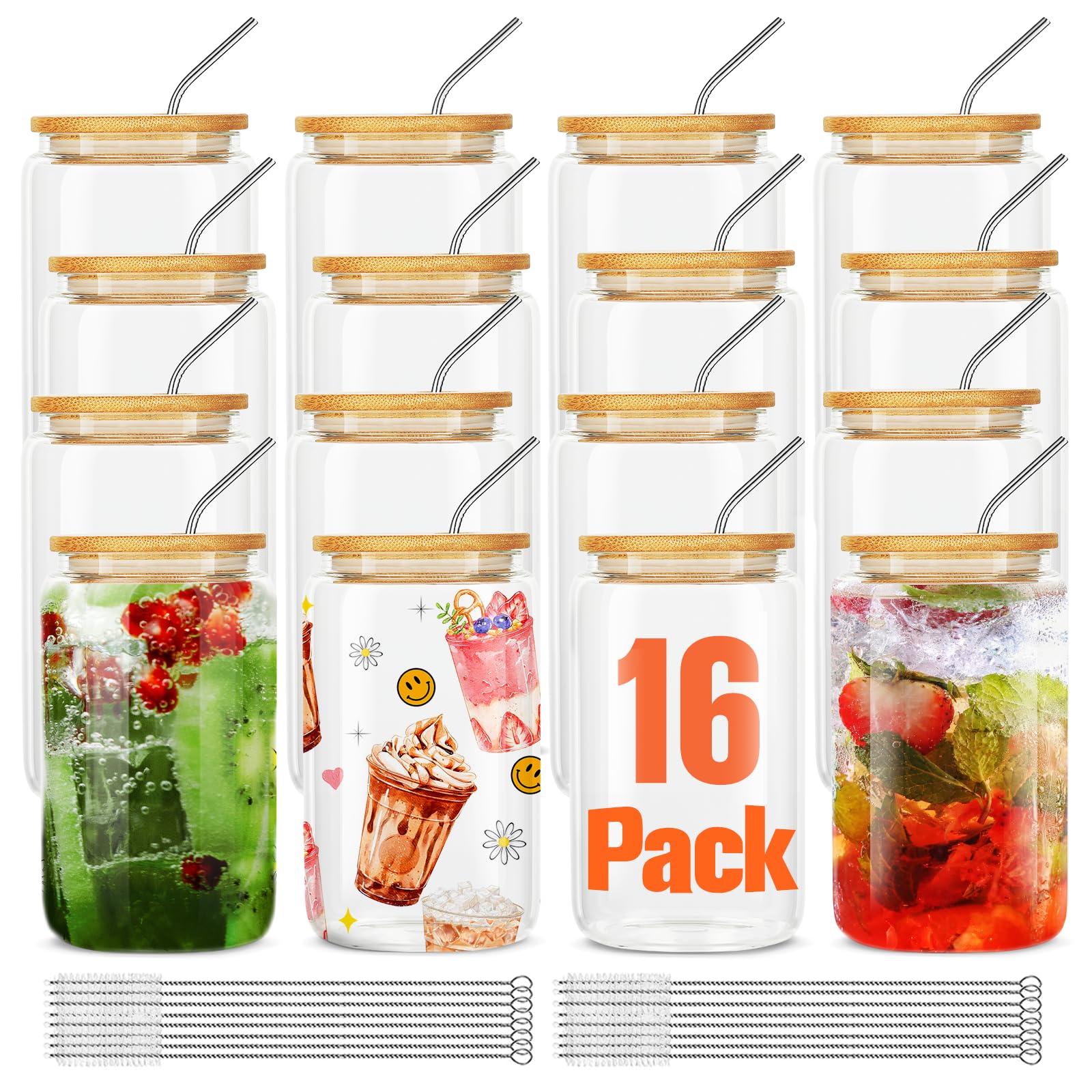 ASKIZ 16pc glass cups with bamboo lids and straws set for versatile beverages