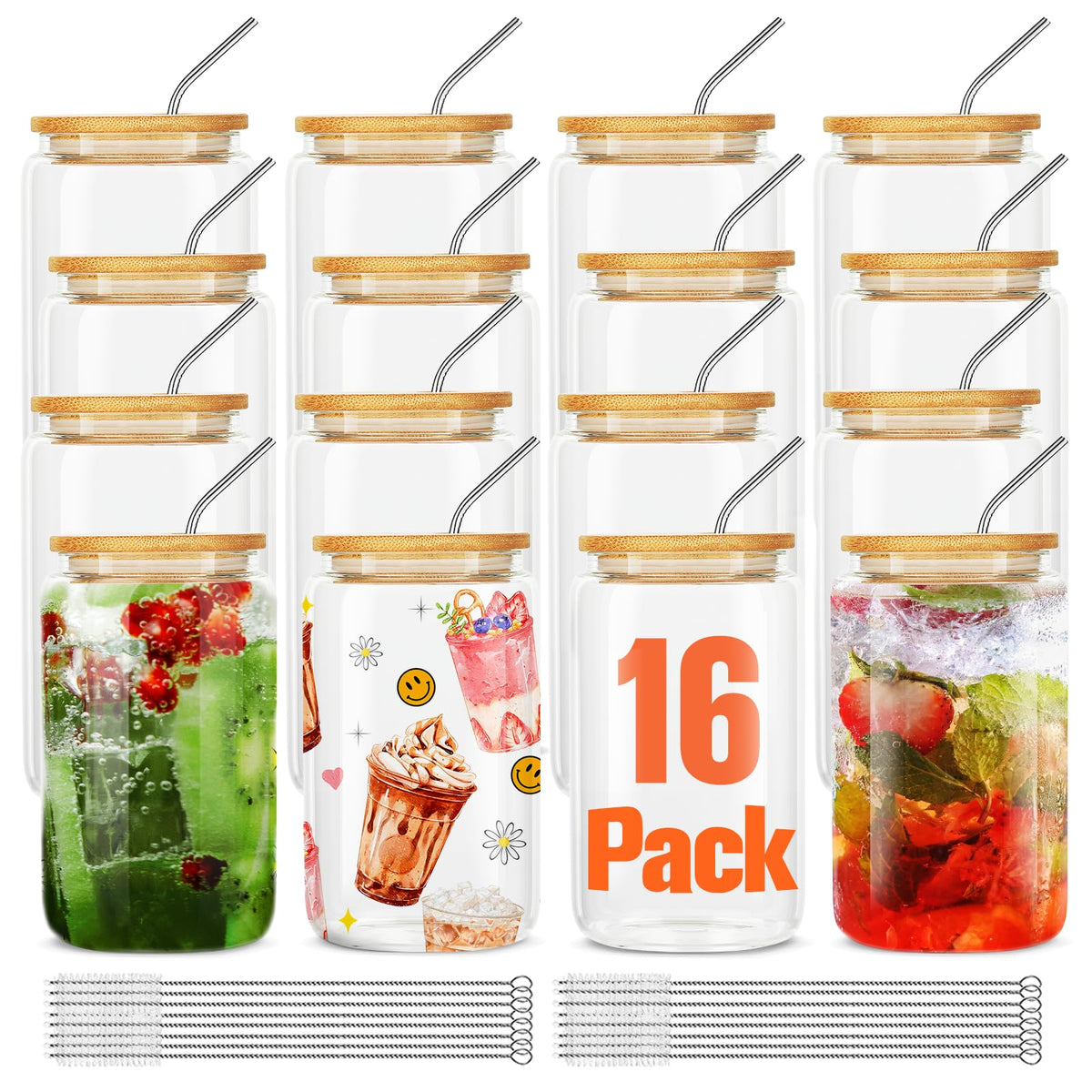 ASKIZ 16pc glass cups with bamboo lids and straws set for versatile beverages
