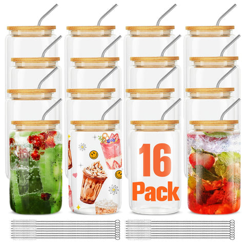 ASKIZ 16pc glass cups with bamboo lids and straws set for versatile beverages