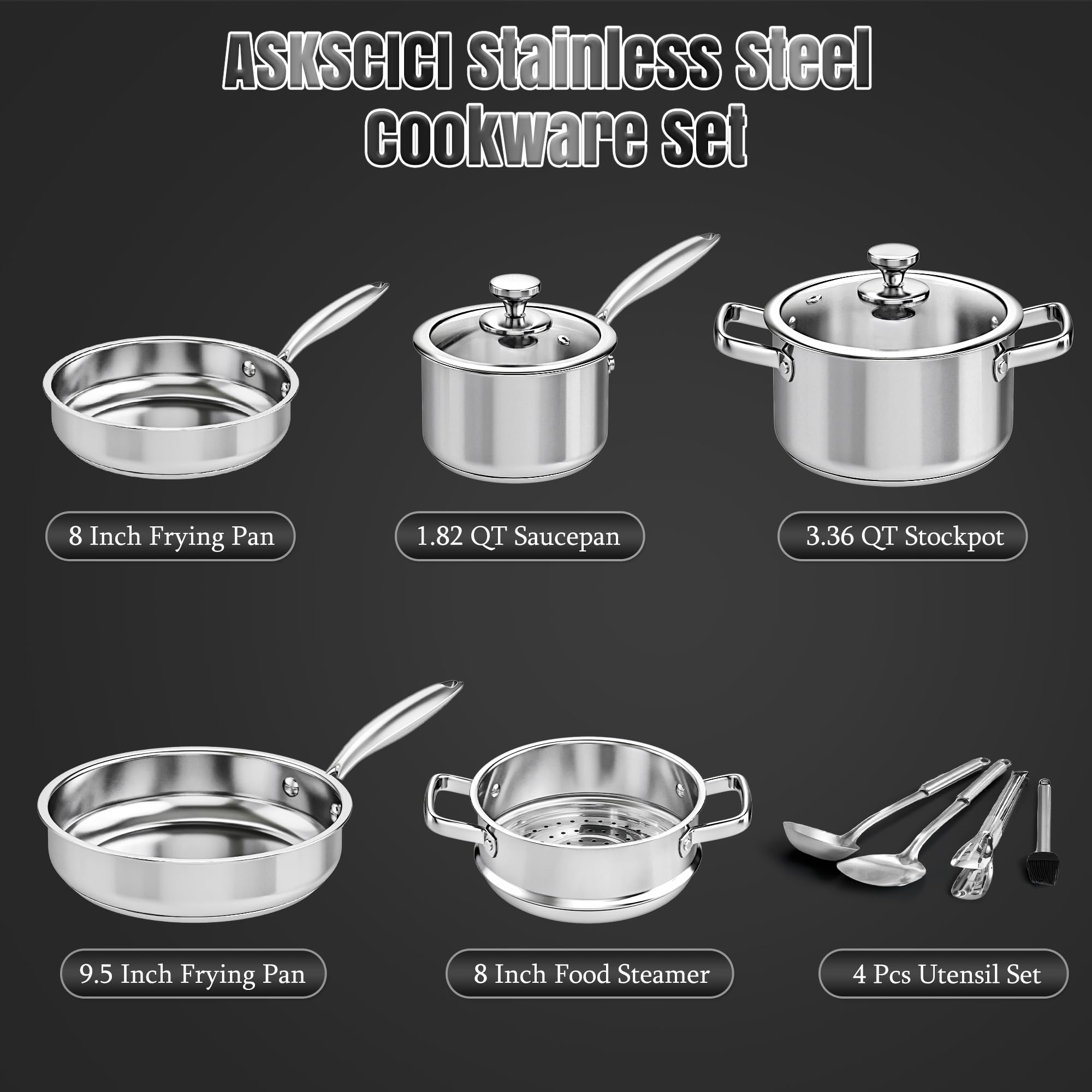 ASKSCICI induction-ready cookware with glass lids for quick, even heating.