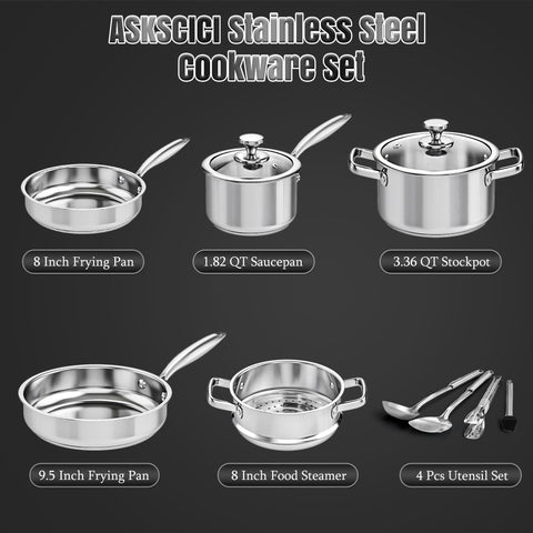 ASKSCICI induction-ready cookware with glass lids for quick, even heating.
