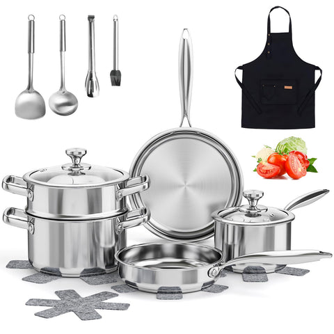 ASKSCICI stainless steel cookware set with all pots and pans for versatile daily cooking.