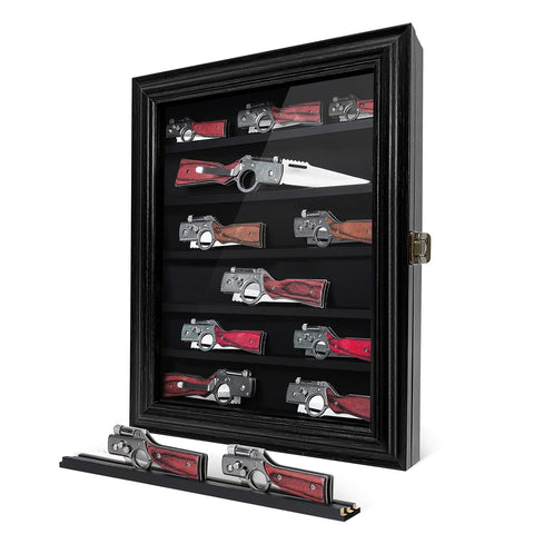 ASmileIndeep pocket knife display case front view with six-row layout and dust protection.