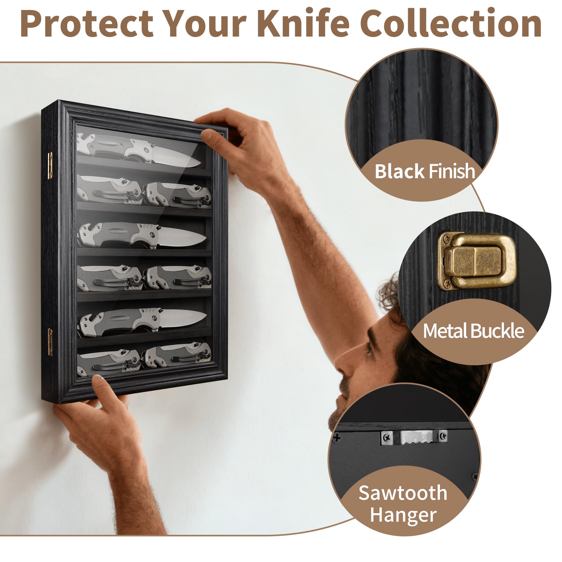 ASmileIndeep wall-mountable knife display with brackets for space-saving setup.