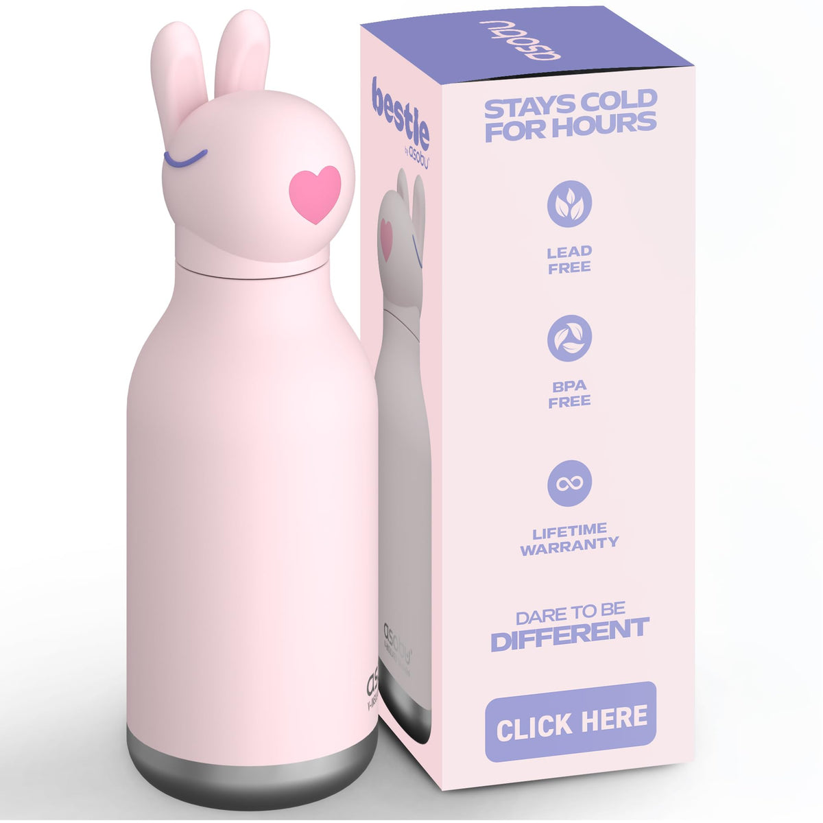 Asobu Bestie Bottle animal head close-up; encourages playful, daily hydration for kids.