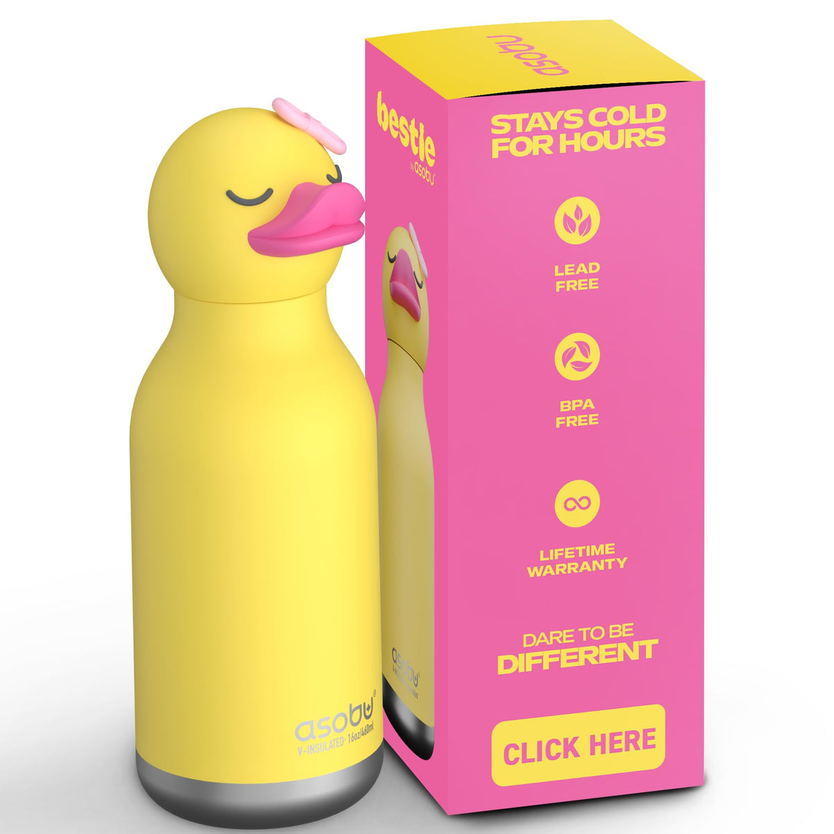 Asobu Bestie bottle duck head attachment enhances playful, secure hydration for kids.