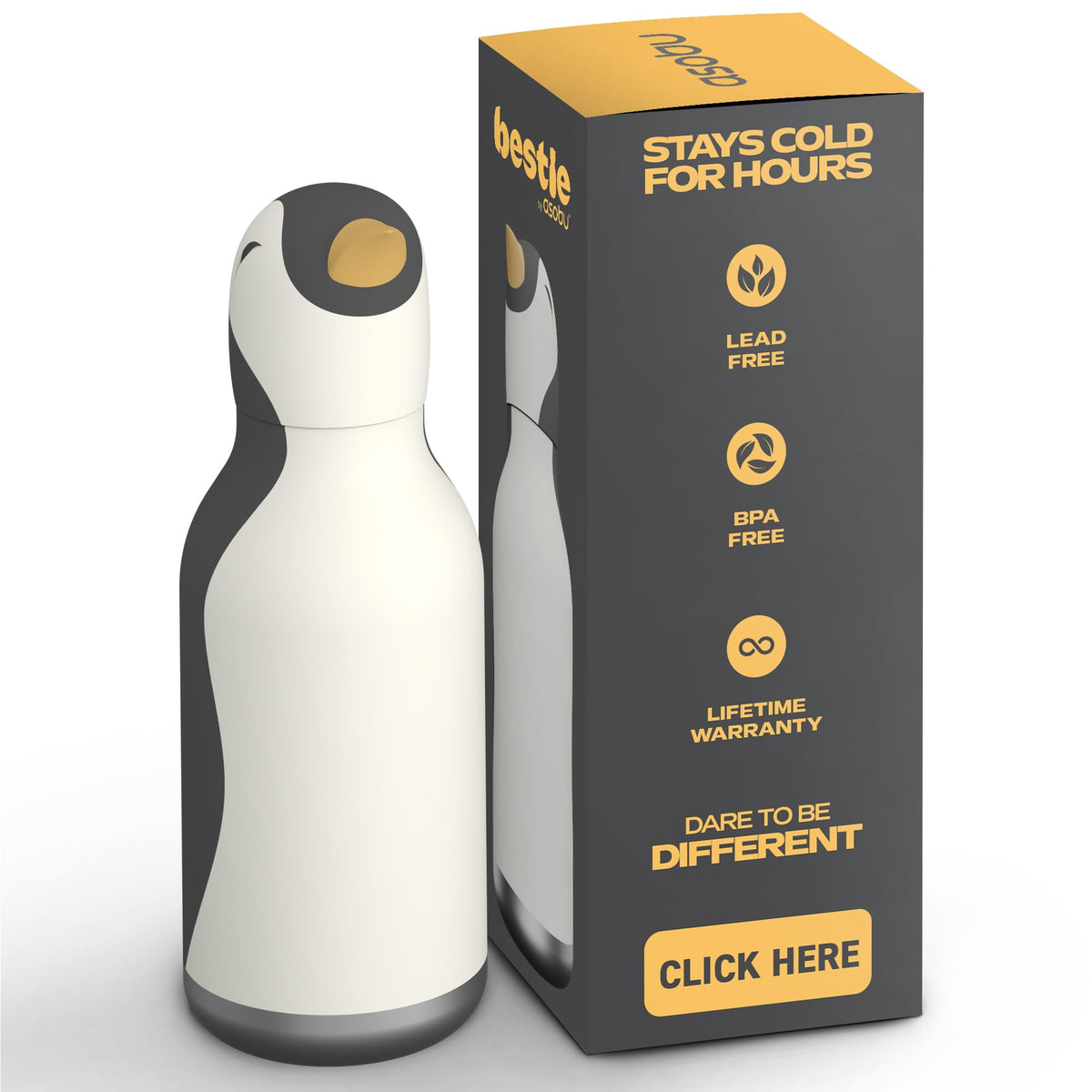 Asobu Bestie Bottle penguin head shows kid-friendly detachable design for hydration