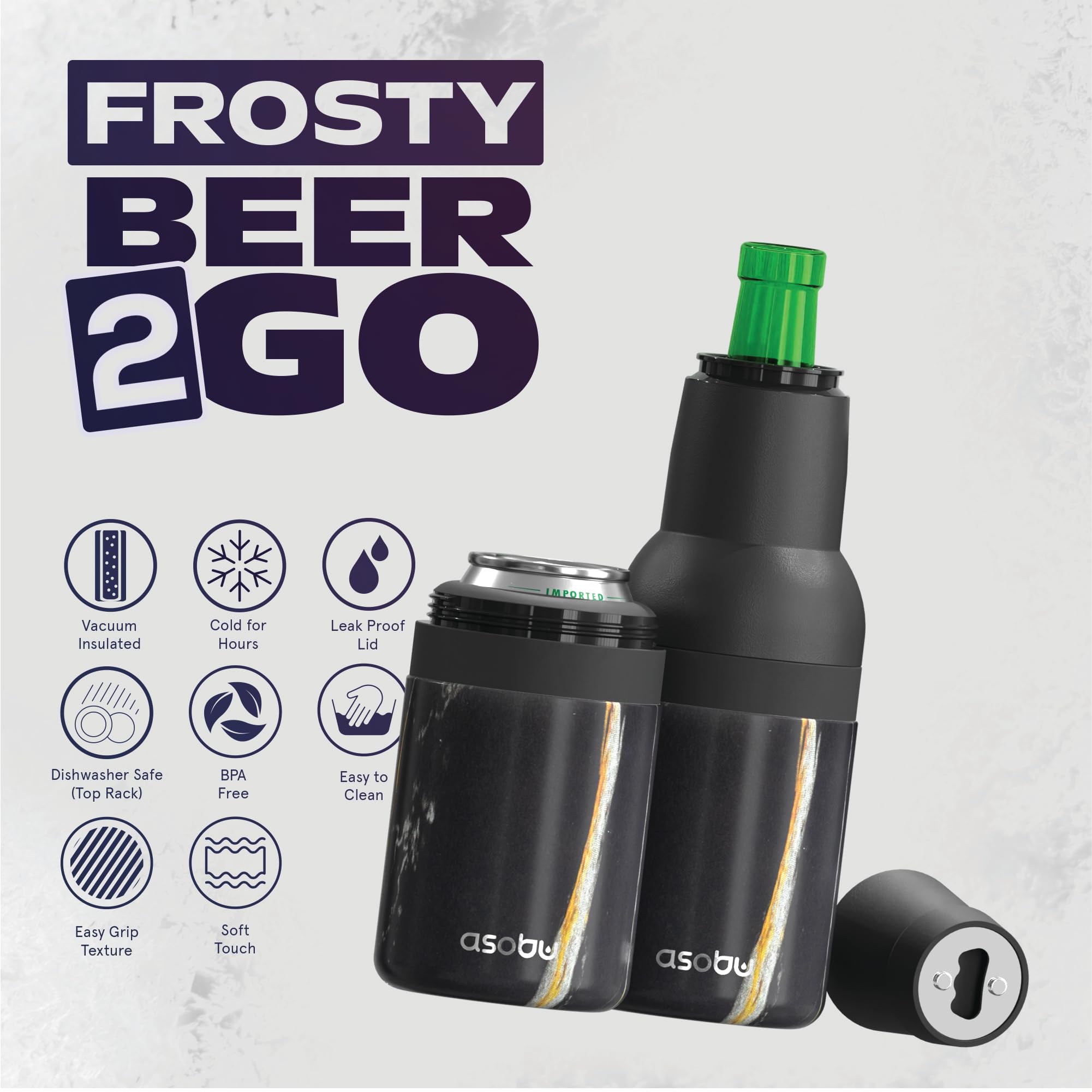 Asobu Frosty Beer Holder 2 Go with built-in bottle opener for quick opens.