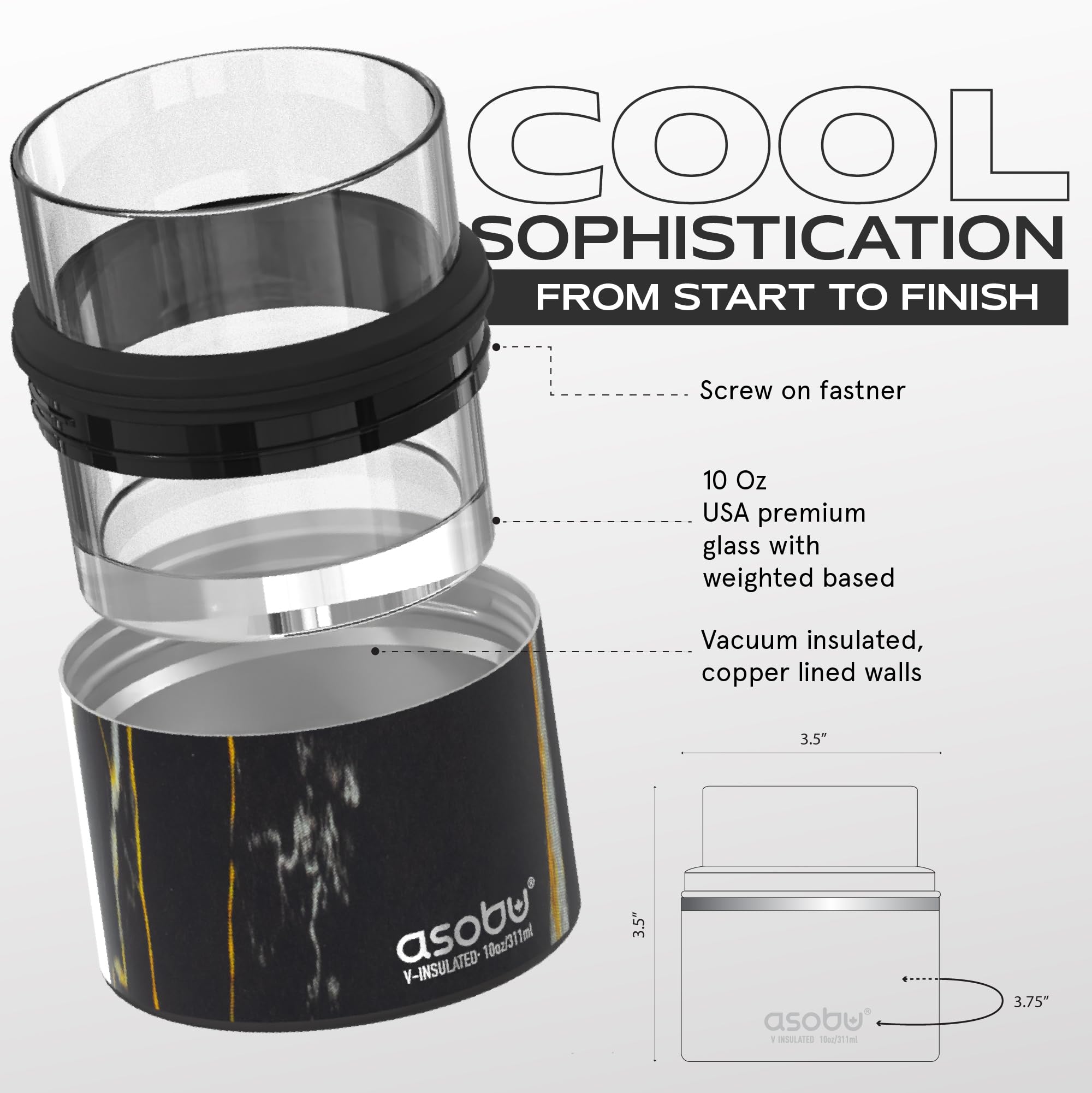 asobu whiskey glass double-walled design minimizes heat transfer for cooler sips indoors.
