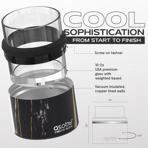 asobu whiskey glass double-walled design minimizes heat transfer for cooler sips indoors.