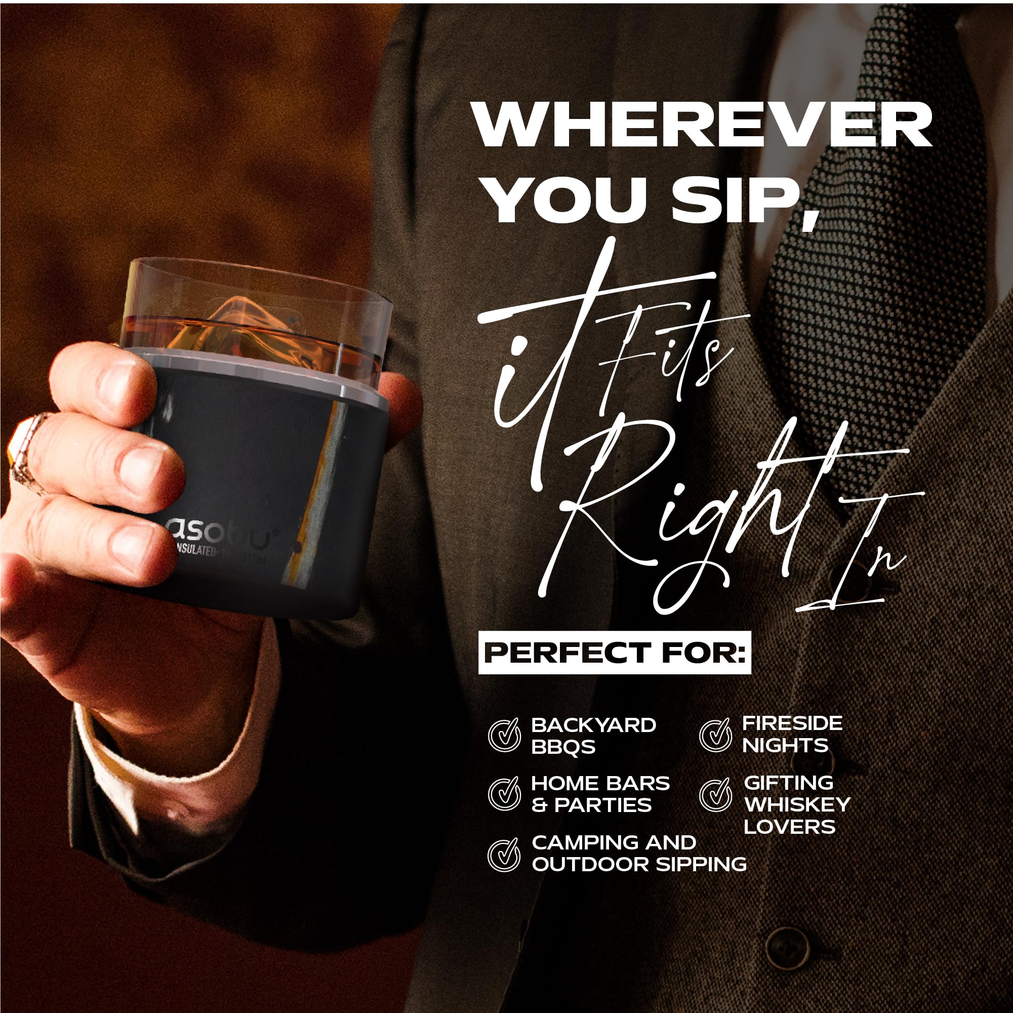 Asobu whiskey glass hands holding insulated sleeve illustrates comfortable grip