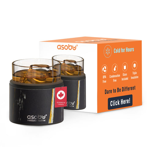 asobu whiskey glass with insulated sleeve showcases midnight marble finish for cool, comfortable sipping.