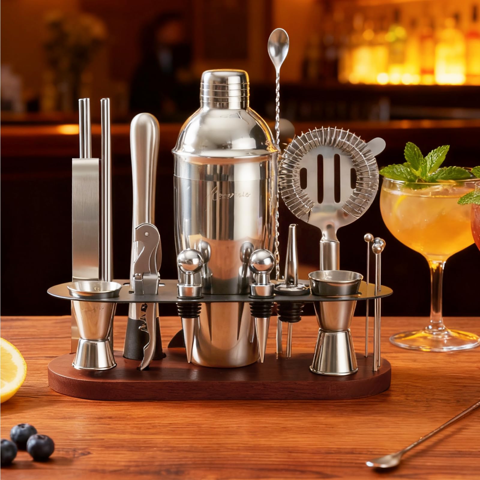 Asovnis 23-piece shaker—durable stainless steel for cocktail classics.