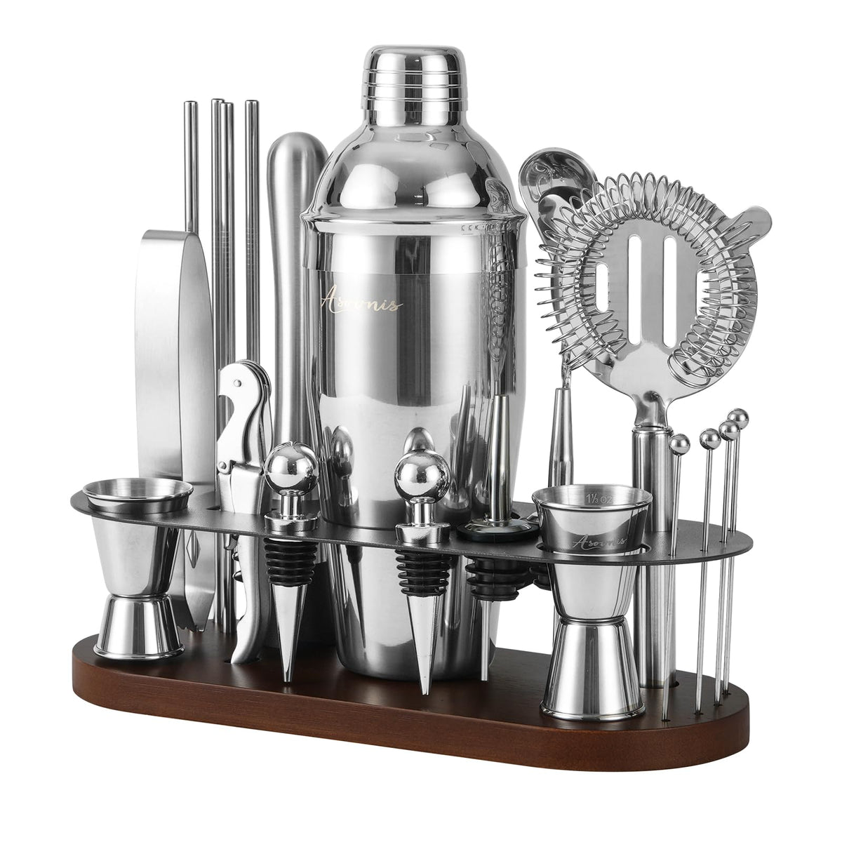 Asovnis 23-piece bartender kit with stand keeps tools organized and accessible.
