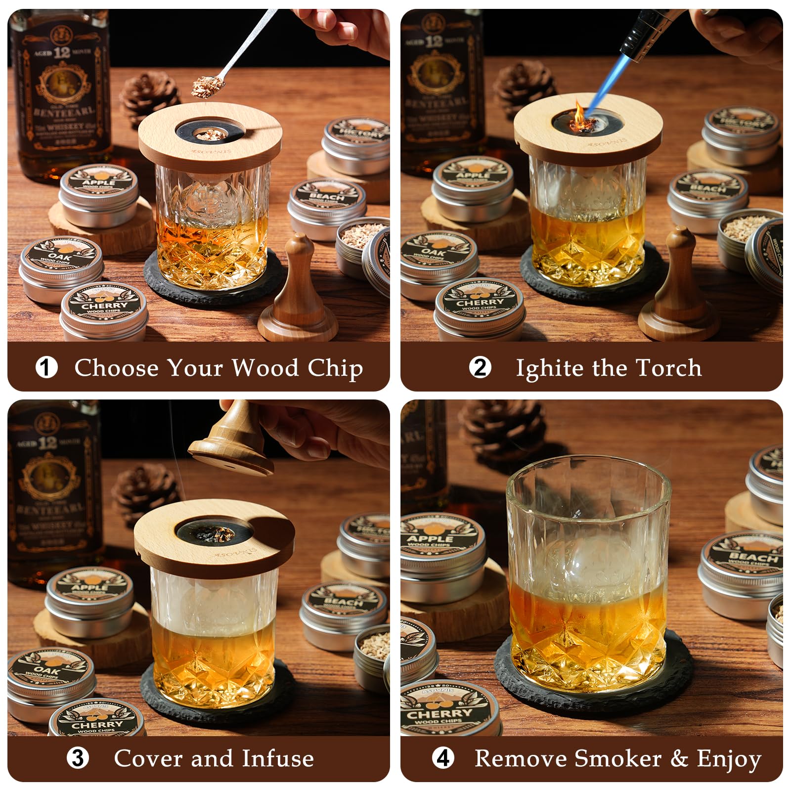 Asovnis Whiskey Smoker Kit with Torch – beech chips provide light, creamy notes.