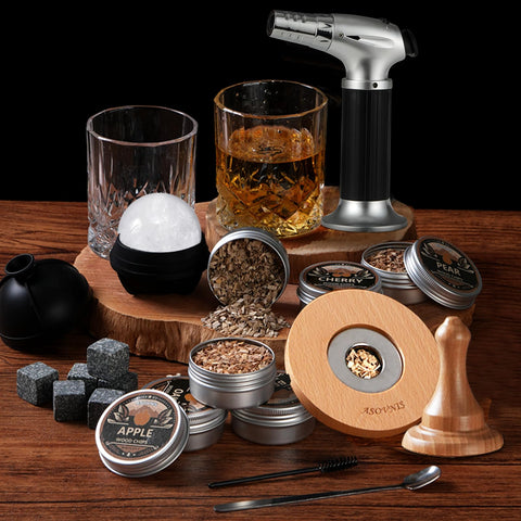 Asovnis Whiskey Smoker Kit with Torch – cherry chips add subtle aroma to cocktails.