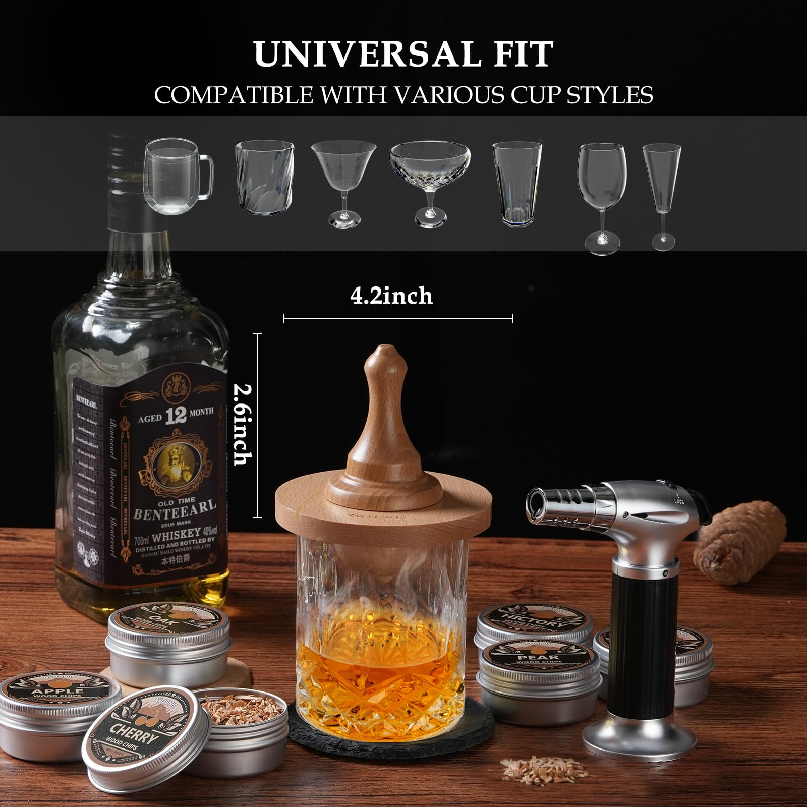 Asovnis Whiskey Smoker Kit with Torch – hickory chips deepen bourbon profiles.