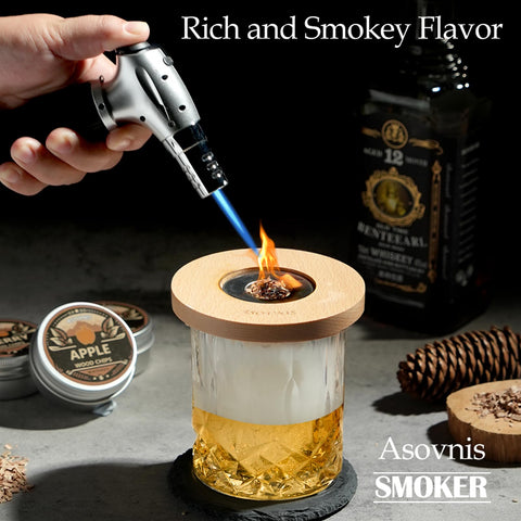 Asovnis Whiskey Smoker Kit with Torch – oak chips infuse warm wood notes into drinks.
