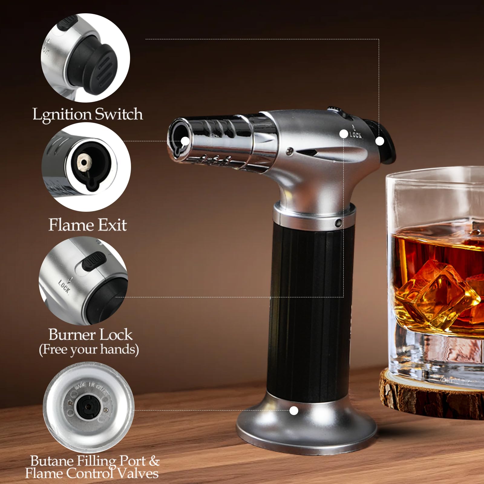 Asovnis Whiskey Smoker Kit with Torch – whiskey stones and ice mold for chilling.