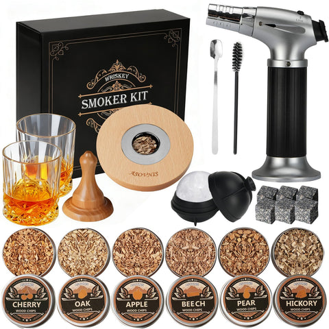 Asovnis Whiskey Smoker Kit with Torch enables quick, controlled smoke for cocktails.