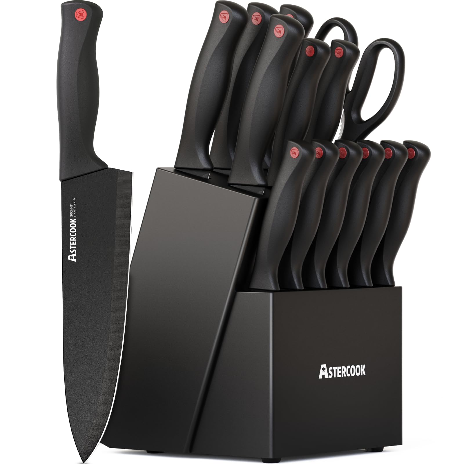 Astercook 15-piece knife set in block with built-in sharpener for quick edge upkeep.
