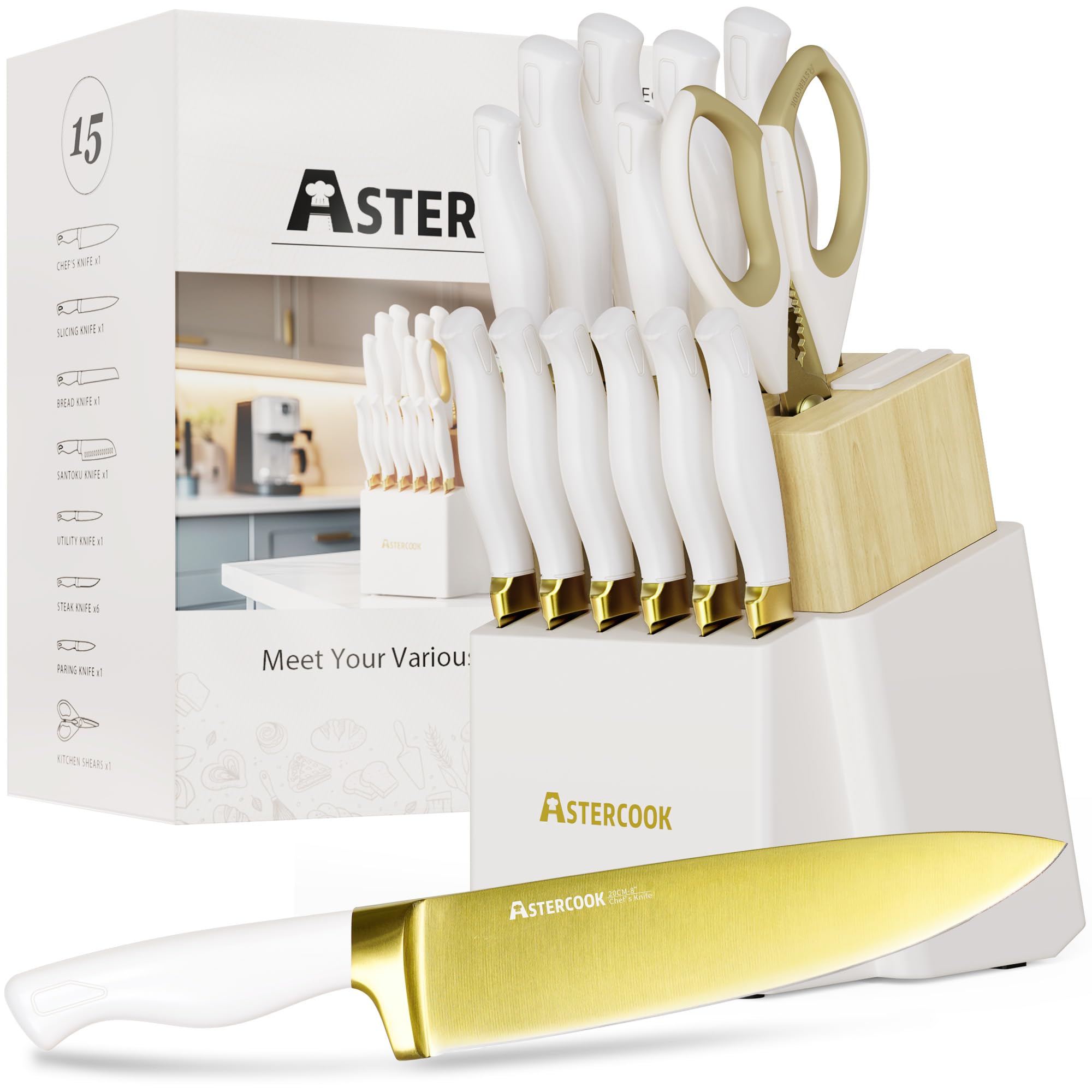 Astercook 15-piece knife set in block with gold coating
