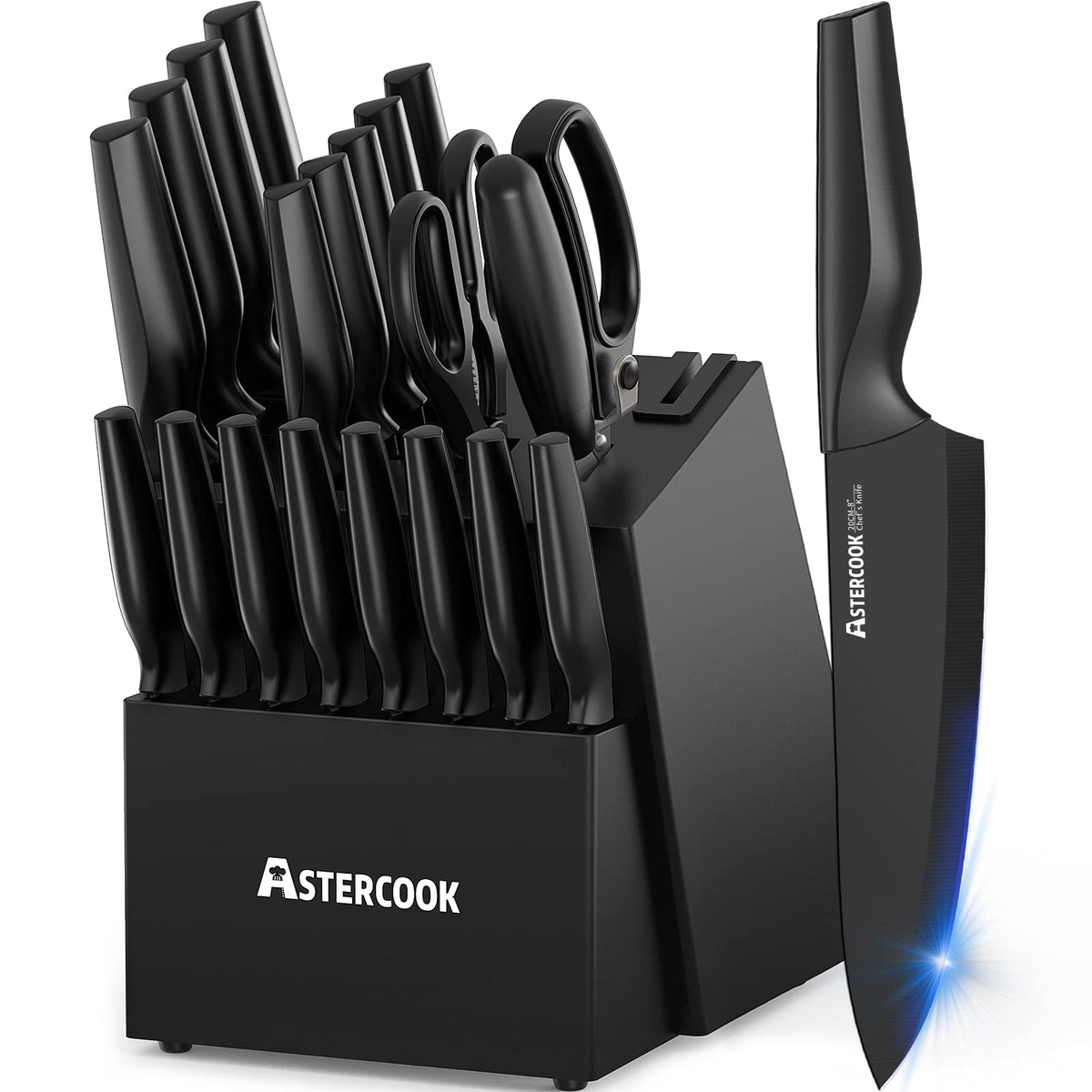 Astercook 21-piece knife set displayed in block for organized kitchen prep.