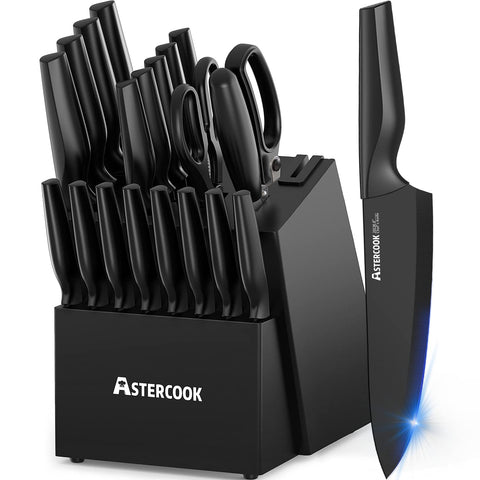 Astercook 21-piece knife set displayed in block for organized kitchen prep.