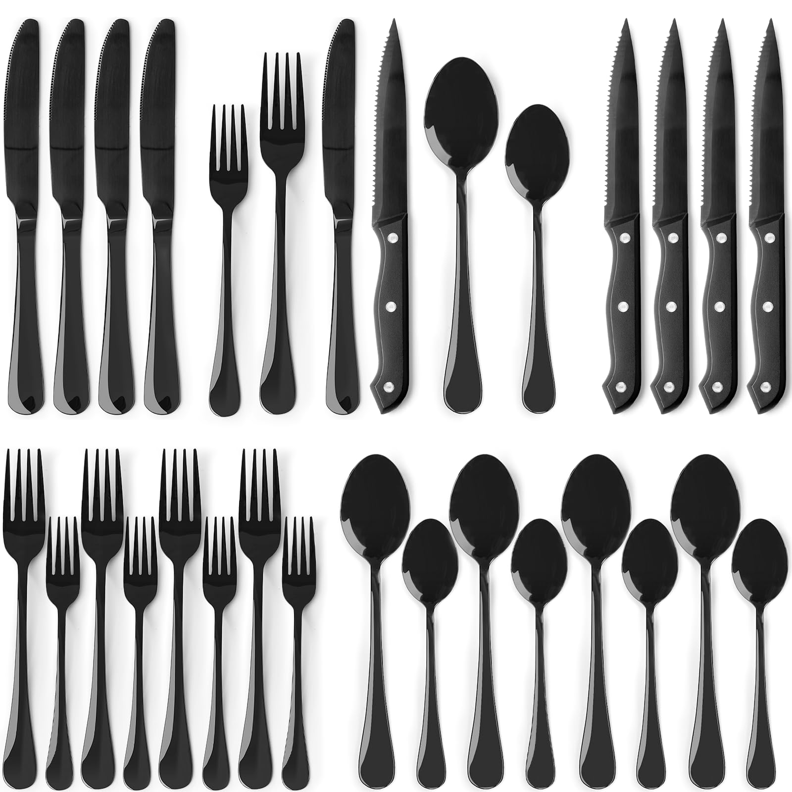 Astercook 24-piece black silverware set for everyday dining with easy care.