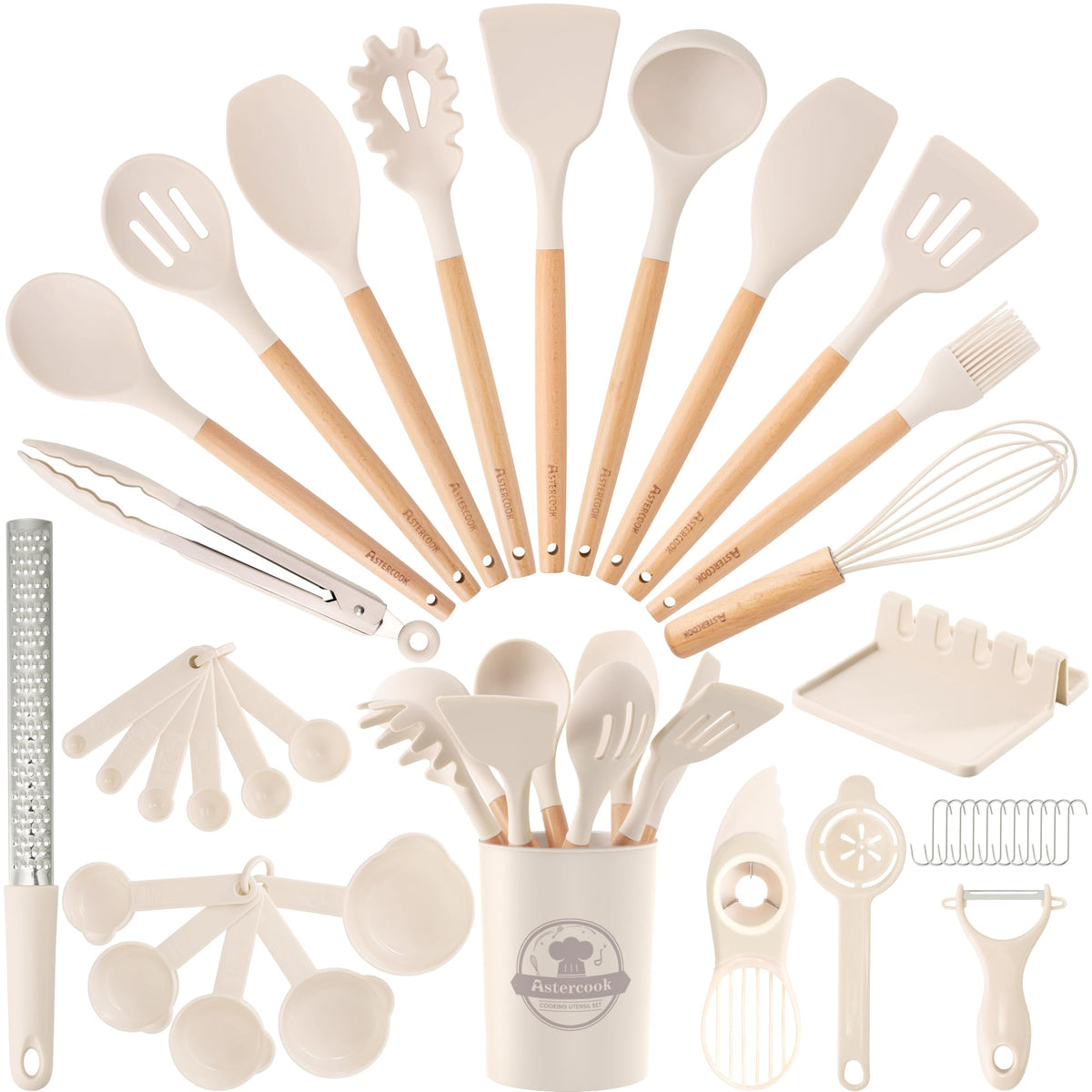 Astercook 39-piece cream silicone set shown full for versatile everyday cooking.