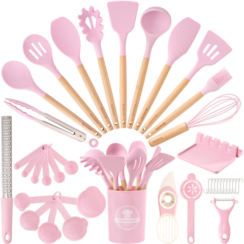 Astercook 39-piece pink utensil set with wooden handles, neatly organized for easy access.