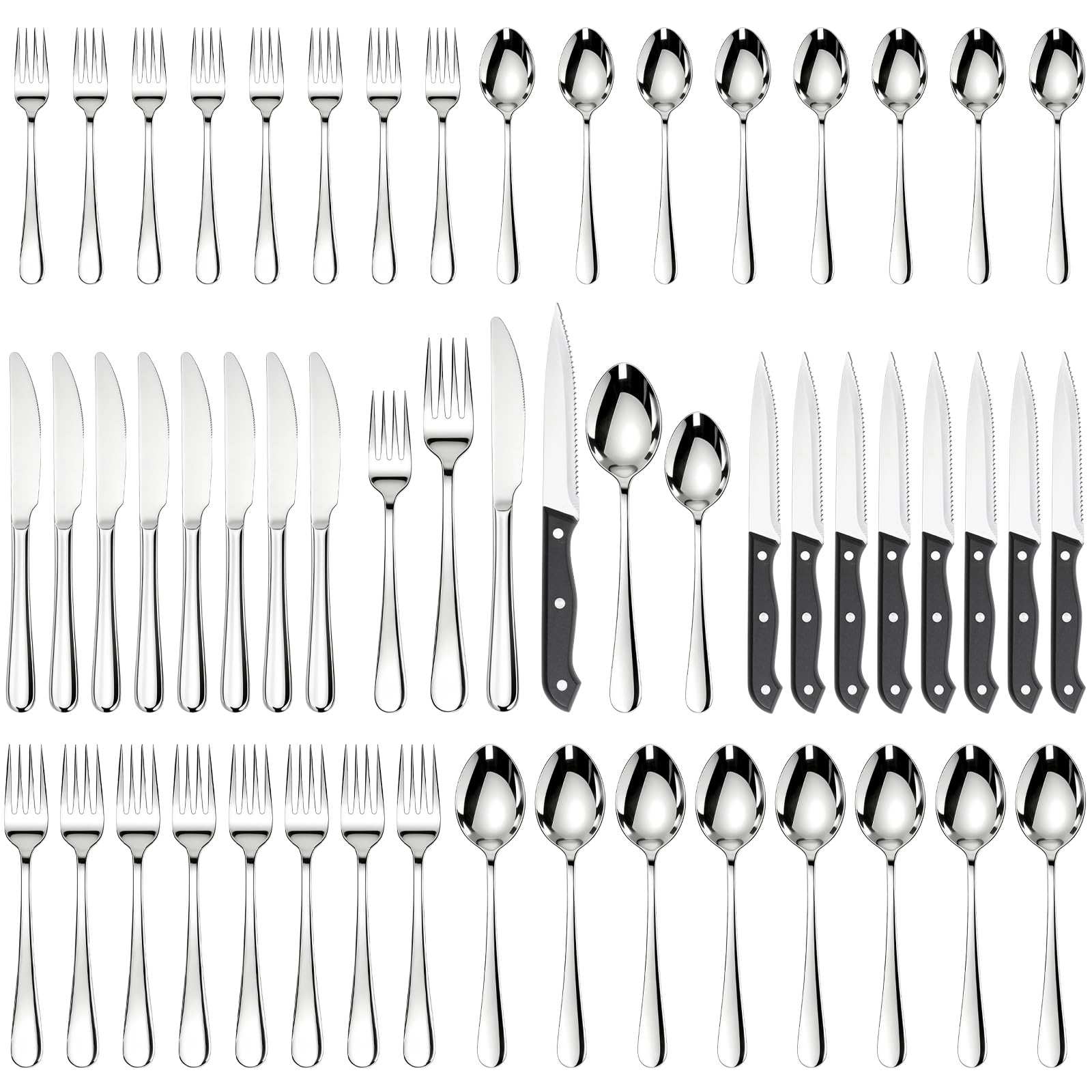 Astercook 48-piece silverware set on table with refined mirror finish for elegant dining.