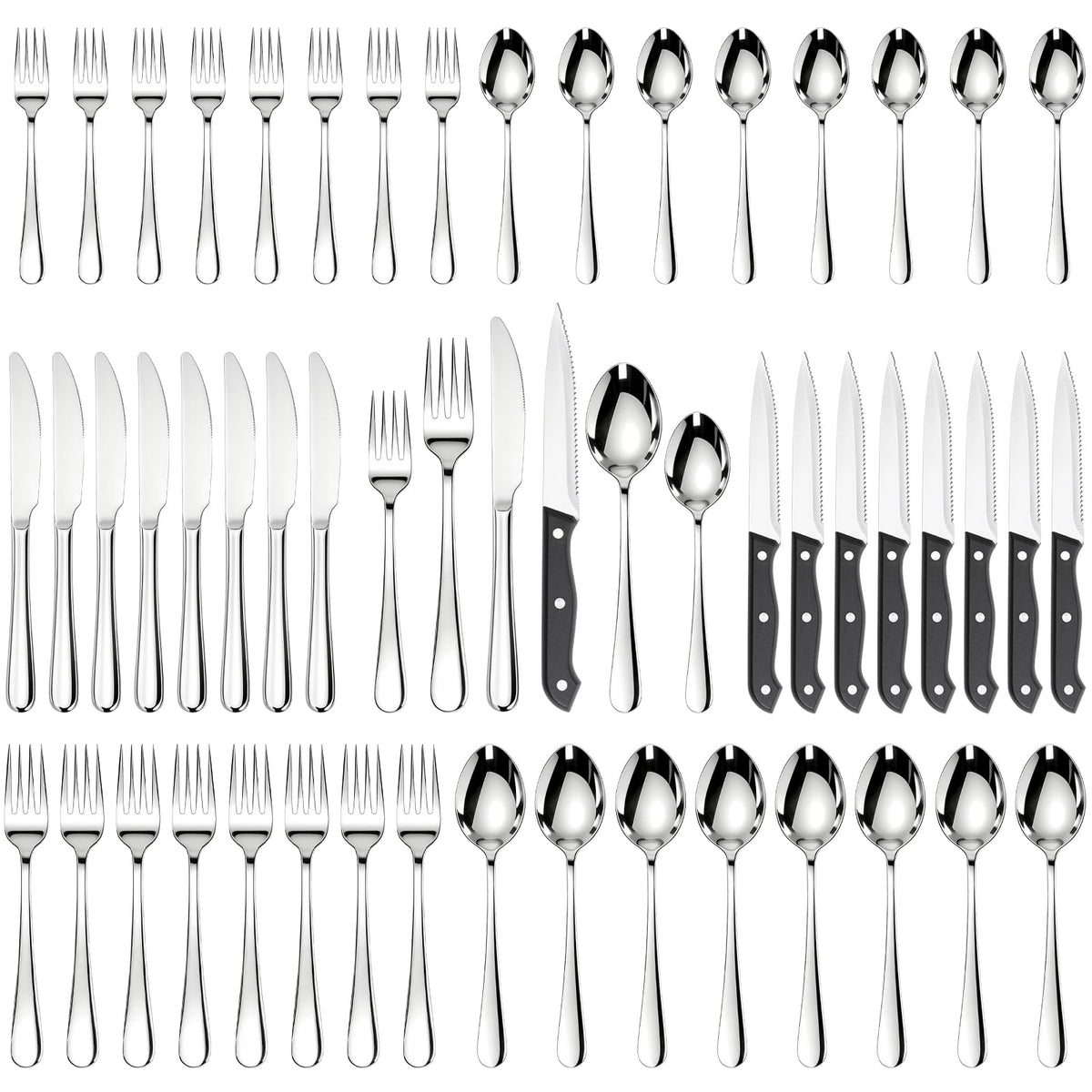 Astercook 48-piece silverware set on table with refined mirror finish for elegant dining.