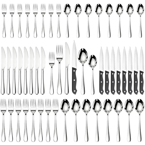 Astercook 48-piece silverware set on table with refined mirror finish for elegant dining.