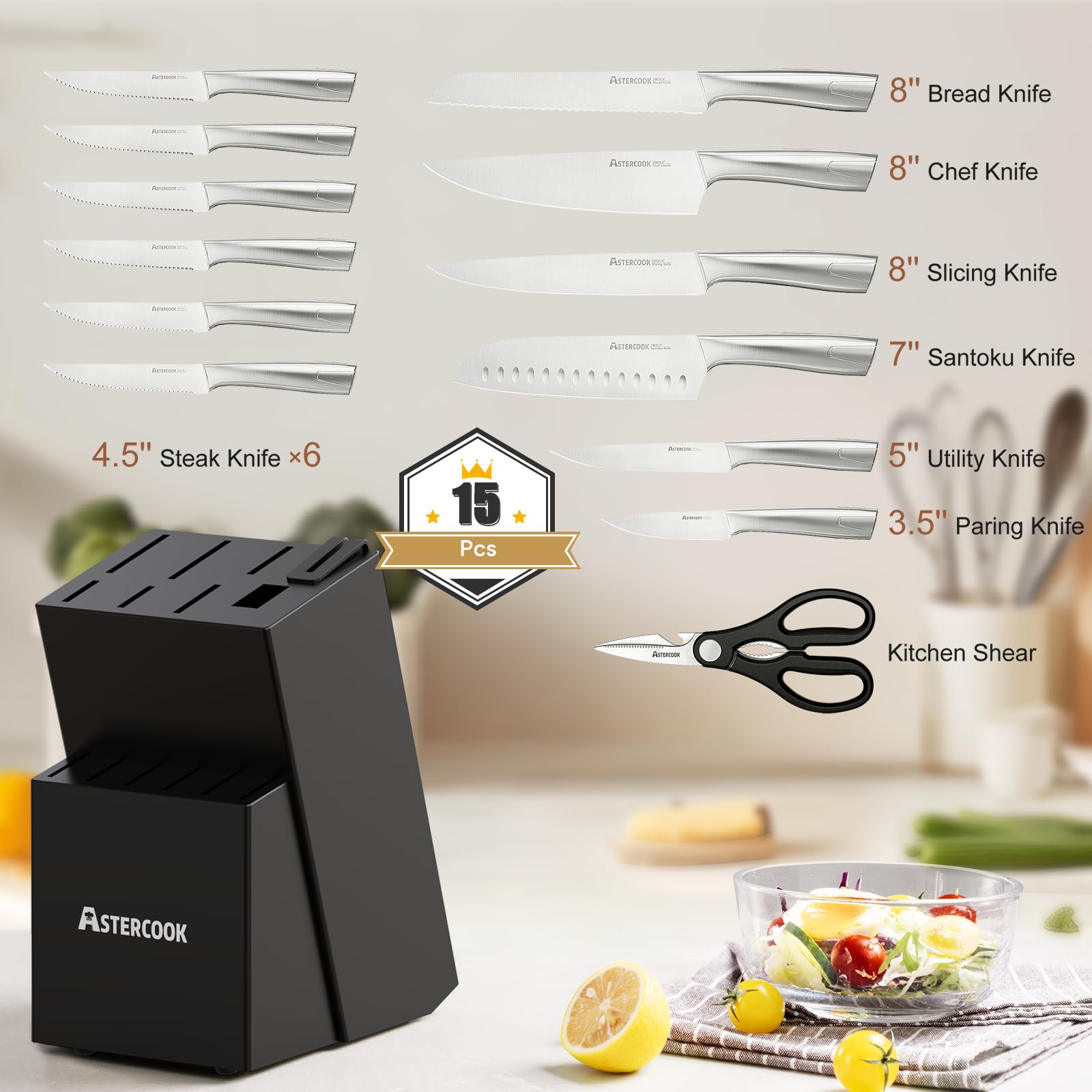 Astercook six 4.5-inch serrated steak knives arranged in block