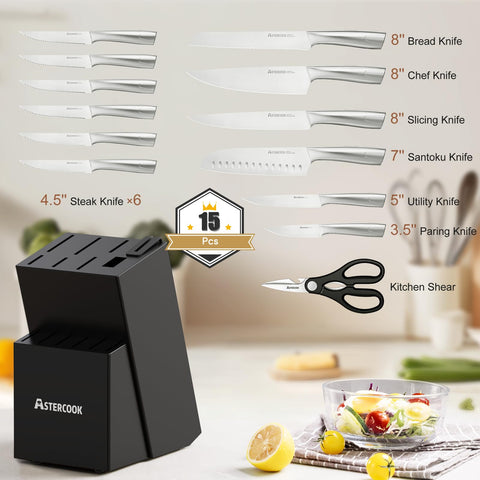 Astercook six 4.5-inch serrated steak knives arranged in block
