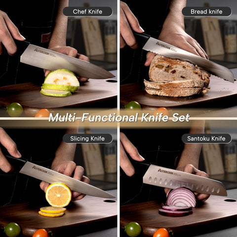 Astercook 7 inch santoku knife for dicing and mincing.