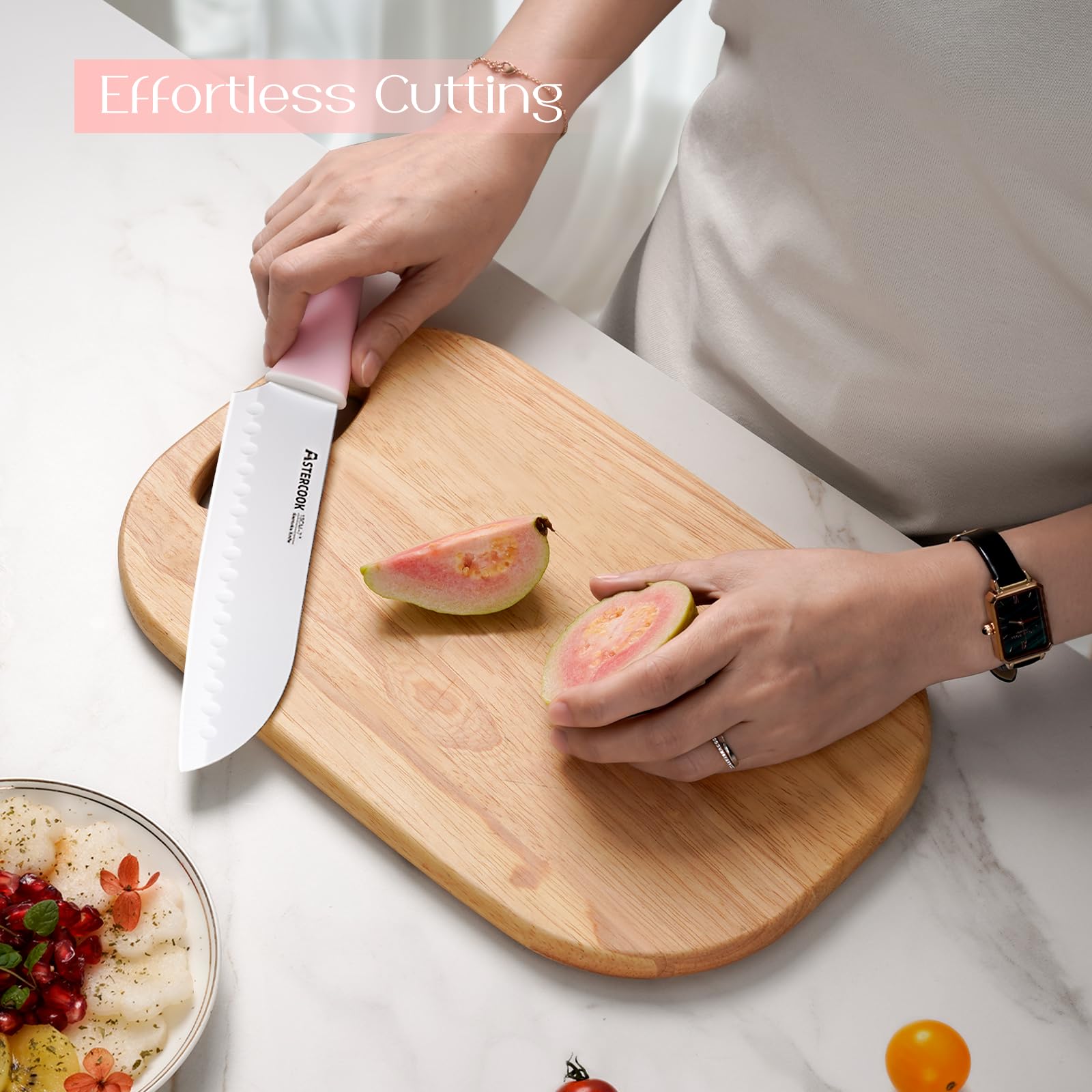 Astercook 8-inch slicing knife gleams in bright kitchen light.