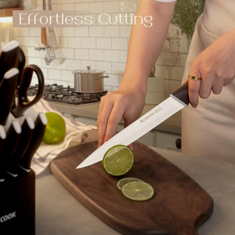 Astercook 8-inch slicing knife gliding through meat with precision